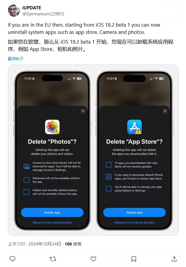 大武口苹果手机维修分享iOS 18.2 支持删除 App Store 应用商店 