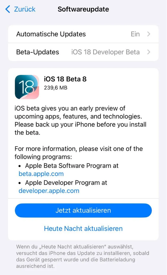 大武口苹果手机维修分享苹果 iOS / iPadOS 18 开发者预览版 Beta 8 发布 